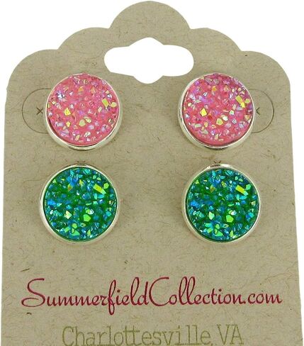 Duo Stud Earrings Silver-tone Pink and Green AB Faux Druzy Stone 12mm Set in Saudi Arabia