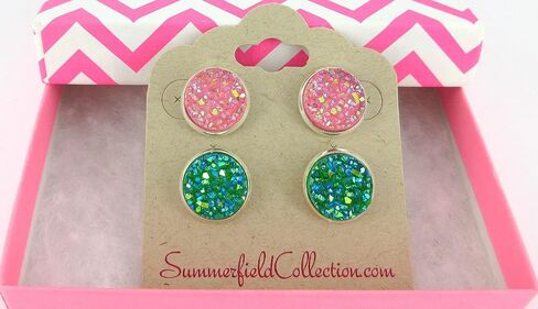 Duo Stud Earrings Silver-tone Pink and Green AB Faux Druzy Stone 12mm Set in Saudi Arabia