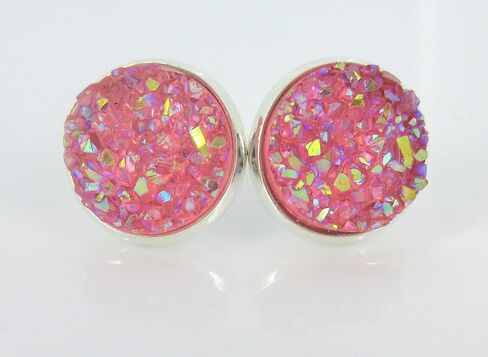 Duo Stud Earrings Silver-tone Pink and Green AB Faux Druzy Stone 12mm Set in Saudi Arabia
