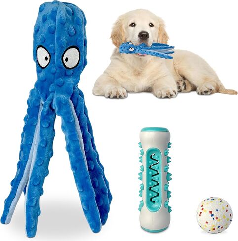 3-Pack Dog Toys -Indestructible Dog Ball + Dog Squeaky Toys Octopus + Stick Treat Dispensing dog toys - Puppy Toys to Keep Them Busy - Medium/Small Dogs in Saudi Arabia