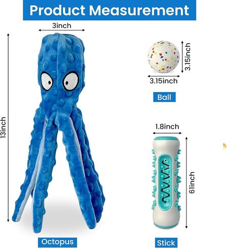 3-Pack Dog Toys -Indestructible Dog Ball + Dog Squeaky Toys Octopus + Stick Treat Dispensing dog toys - Puppy Toys to Keep Them Busy - Medium/Small Dogs in Saudi Arabia