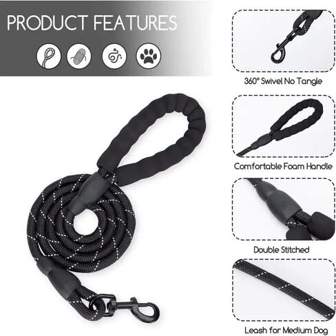 مقود Dark Timber Xtreme BLACK بطول 5 أقدام مبطن ومبطن مقاوم للعفن مع خياطة شديدة التحمل مصنوعة من مواد عاكسة ومشبك مطور. الكلاب الصغيرة والمتوسطة والكبيرة (5-120 رطلاً) in Saudi Arabia