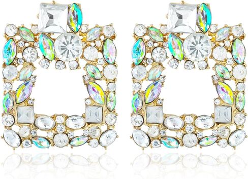 الأبيض مستطيل Earrrings حجر الراين ساحة إسقاط أقراط الذهب بيان أقراط هيبوالرجينيك كريستال البريق أقراط للنساء العصرية in Saudi Arabia