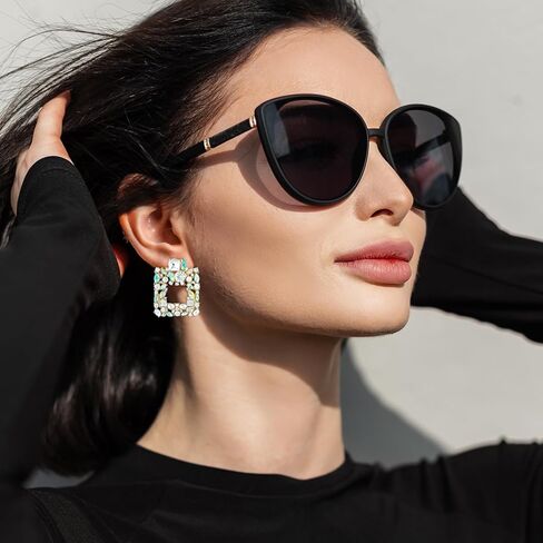 الأبيض مستطيل Earrrings حجر الراين ساحة إسقاط أقراط الذهب بيان أقراط هيبوالرجينيك كريستال البريق أقراط للنساء العصرية in Saudi Arabia