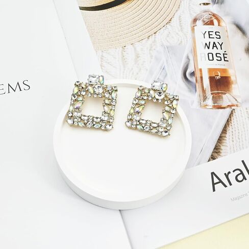 الأبيض مستطيل Earrrings حجر الراين ساحة إسقاط أقراط الذهب بيان أقراط هيبوالرجينيك كريستال البريق أقراط للنساء العصرية in Saudi Arabia