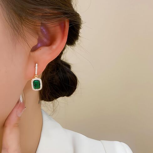 Boho Emerald Drop Earrings Square Crystal Earrings Rhinestone Bar Stud Earrings Sparkly Cz Earrings Jewelry for Women and Girls Gifts (Green) in Saudi Arabia