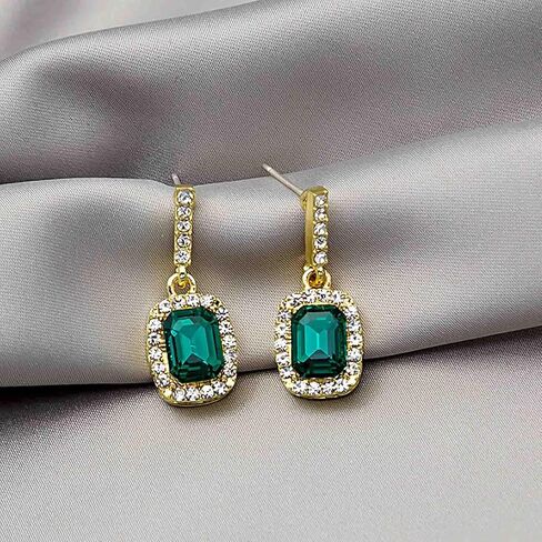 Boho Emerald Drop Earrings Square Crystal Earrings Rhinestone Bar Stud Earrings Sparkly Cz Earrings Jewelry for Women and Girls Gifts (Green) in Saudi Arabia