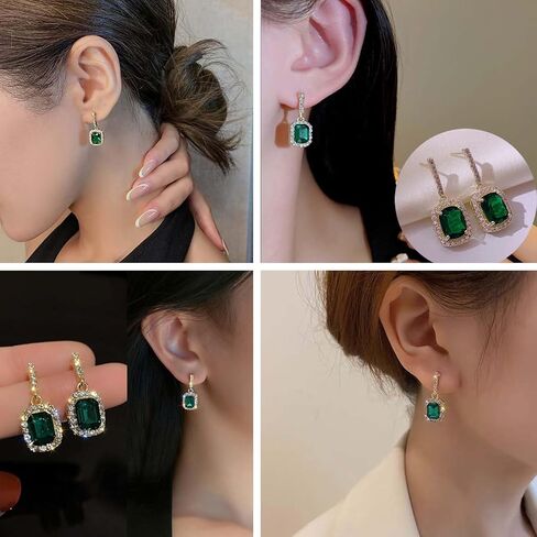 Boho Emerald Drop Earrings Square Crystal Earrings Rhinestone Bar Stud Earrings Sparkly Cz Earrings Jewelry for Women and Girls Gifts (Green) in Saudi Arabia