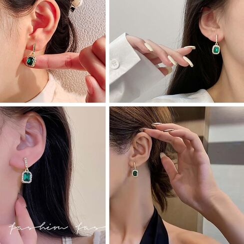 Boho Emerald Drop Earrings Square Crystal Earrings Rhinestone Bar Stud Earrings Sparkly Cz Earrings Jewelry for Women and Girls Gifts (Green) in Saudi Arabia
