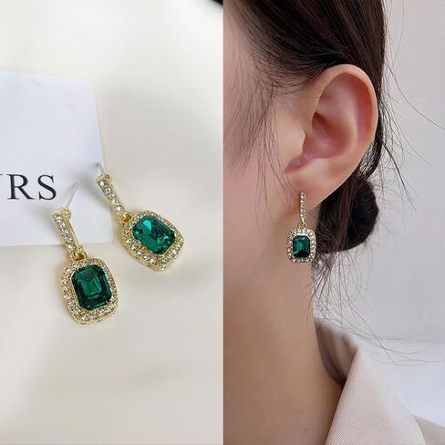 Boho Emerald Drop Earrings Square Crystal Earrings Rhinestone Bar Stud Earrings Sparkly Cz Earrings Jewelry for Women and Girls Gifts (Green) in Saudi Arabia