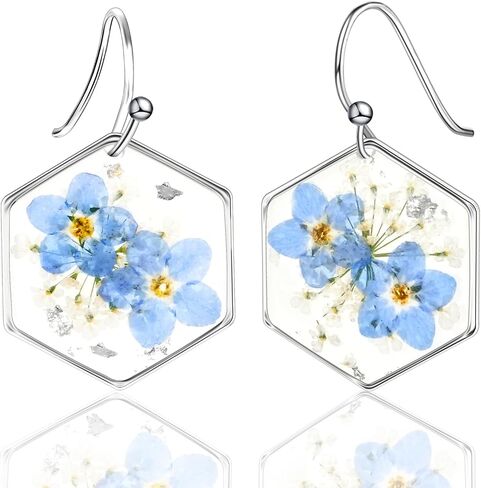 Pressed Forget Me Not Hexagon Handmade Earrings, Real Flower Natural Earrings, Dried Flower Foil Resin Jewelry, Birthday Gift (Silver) in Saudi Arabia