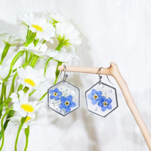 Pressed Forget Me Not Hexagon Handmade Earrings, Real Flower Natural Earrings, Dried Flower Foil Resin Jewelry, Birthday Gift (Silver) in Saudi Arabia