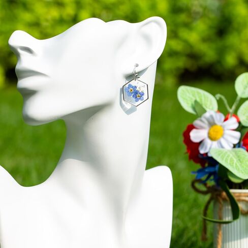 Pressed Forget Me Not Hexagon Handmade Earrings, Real Flower Natural Earrings, Dried Flower Foil Resin Jewelry, Birthday Gift (Silver) in Saudi Arabia
