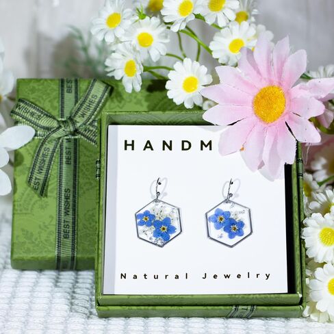 Pressed Forget Me Not Hexagon Handmade Earrings, Real Flower Natural Earrings, Dried Flower Foil Resin Jewelry, Birthday Gift (Silver) in Saudi Arabia