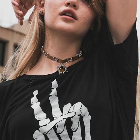Tiger Eye Necklace, Sun Pendant Necklace with Adjustable Brown Leather Choker Necklace for Women, Goth Necklace, Grunge Hippie Jewelry Gift (Tiger Eye) in Kuwait