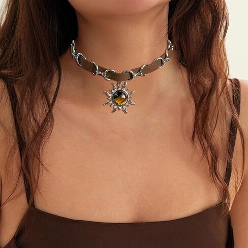 Tiger Eye Necklace, Sun Pendant Necklace with Adjustable Brown Leather Choker Necklace for Women, Goth Necklace, Grunge Hippie Jewelry Gift (Tiger Eye) in Kuwait