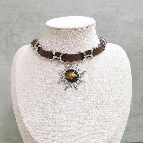 Tiger Eye Necklace, Sun Pendant Necklace with Adjustable Brown Leather Choker Necklace for Women, Goth Necklace, Grunge Hippie Jewelry Gift (Tiger Eye) in Kuwait