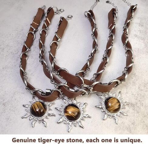 Tiger Eye Necklace, Sun Pendant Necklace with Adjustable Brown Leather Choker Necklace for Women, Goth Necklace, Grunge Hippie Jewelry Gift (Tiger Eye) in Kuwait