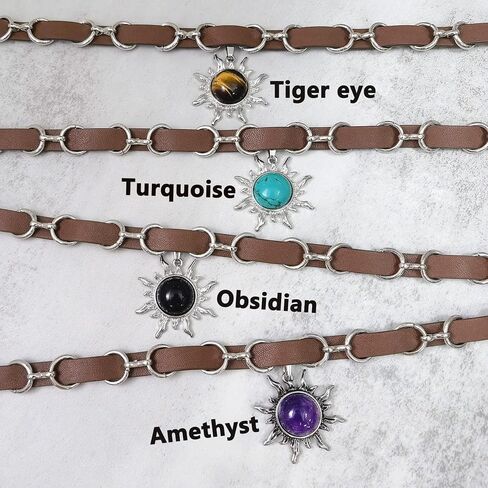 Tiger Eye Necklace, Sun Pendant Necklace with Adjustable Brown Leather Choker Necklace for Women, Goth Necklace, Grunge Hippie Jewelry Gift (Tiger Eye) in Kuwait