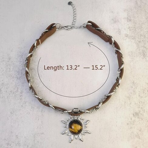 Tiger Eye Necklace, Sun Pendant Necklace with Adjustable Brown Leather Choker Necklace for Women, Goth Necklace, Grunge Hippie Jewelry Gift (Tiger Eye) in Kuwait