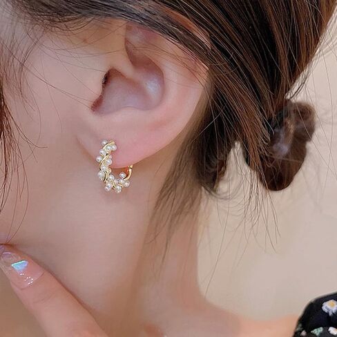 Pearl Earrings for Women Dainty Gold Dangle Pearl Bow Earrings Open Circle Pearl Hoop Earrings for Girls Bridal White Pearl Earrings for Party Wedding Jewelry Gifts in Saudi Arabia