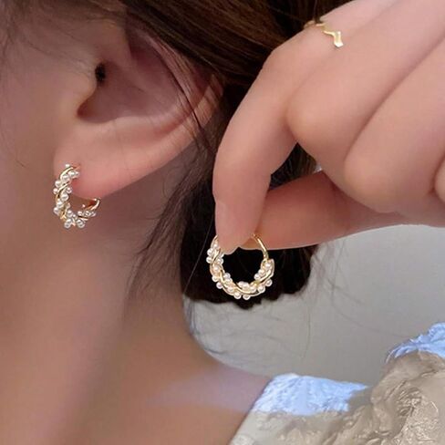 Pearl Earrings for Women Dainty Gold Dangle Pearl Bow Earrings Open Circle Pearl Hoop Earrings for Girls Bridal White Pearl Earrings for Party Wedding Jewelry Gifts in Saudi Arabia