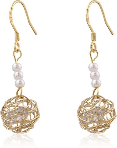 14K Gold Plated Filigree Ball Drop Dangle Earrings Gold Earrings with Pearl and Diamond Beautiful Earrings for Women Trendy in Saudi Arabia