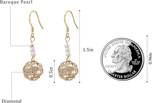 14K Gold Plated Filigree Ball Drop Dangle Earrings Gold Earrings with Pearl and Diamond Beautiful Earrings for Women Trendy in Saudi Arabia