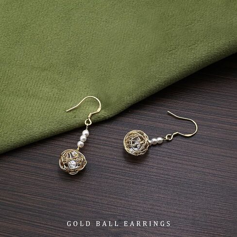 14K Gold Plated Filigree Ball Drop Dangle Earrings Gold Earrings with Pearl and Diamond Beautiful Earrings for Women Trendy in Saudi Arabia