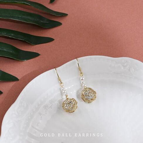 14K Gold Plated Filigree Ball Drop Dangle Earrings Gold Earrings with Pearl and Diamond Beautiful Earrings for Women Trendy in Saudi Arabia