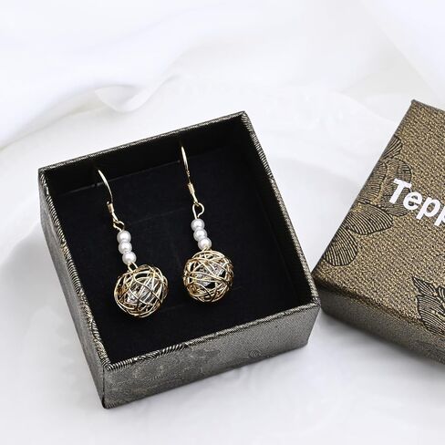 14K Gold Plated Filigree Ball Drop Dangle Earrings Gold Earrings with Pearl and Diamond Beautiful Earrings for Women Trendy in Saudi Arabia