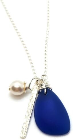 Starry Night Cobalt Blue Seaglass Charm Necklace with Sterling Silver Chain, Bar Charm, and Crystal Pearl Charm, by Aimee Tresor in Saudi Arabia