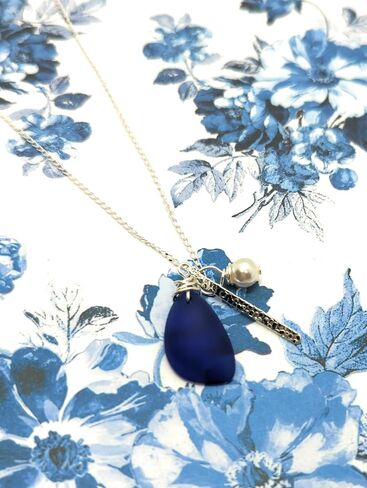 Starry Night Cobalt Blue Seaglass Charm Necklace with Sterling Silver Chain, Bar Charm, and Crystal Pearl Charm, by Aimee Tresor in Saudi Arabia