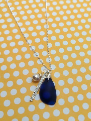 Starry Night Cobalt Blue Seaglass Charm Necklace with Sterling Silver Chain, Bar Charm, and Crystal Pearl Charm, by Aimee Tresor in Saudi Arabia