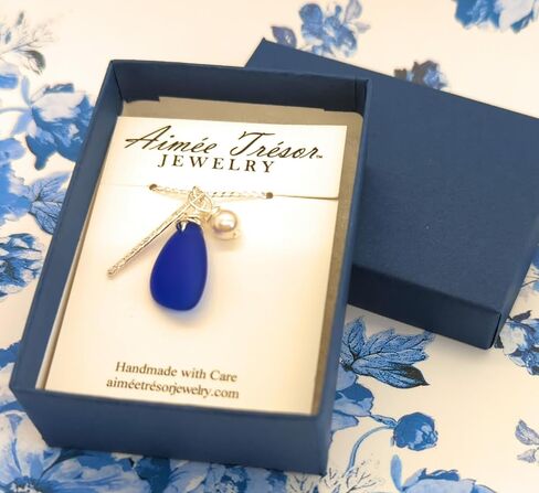Starry Night Cobalt Blue Seaglass Charm Necklace with Sterling Silver Chain, Bar Charm, and Crystal Pearl Charm, by Aimee Tresor in Saudi Arabia