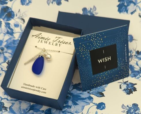 Starry Night Cobalt Blue Seaglass Charm Necklace with Sterling Silver Chain, Bar Charm, and Crystal Pearl Charm, by Aimee Tresor in Saudi Arabia