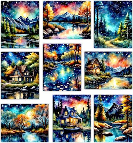 ليلة مليئة بالنجوم ملصق جدار ديكور - مجردة الخريف الخريف أشجار القيقب الصنوبر المناظر الطبيعية عاكسة فان جوخ اللوحة الكولاج الصور الجمالية الحديثة لغرفة المعيشة غرفة نوم الفن أنيمي - 8x10 صور غير مؤطرة in Kuwait
