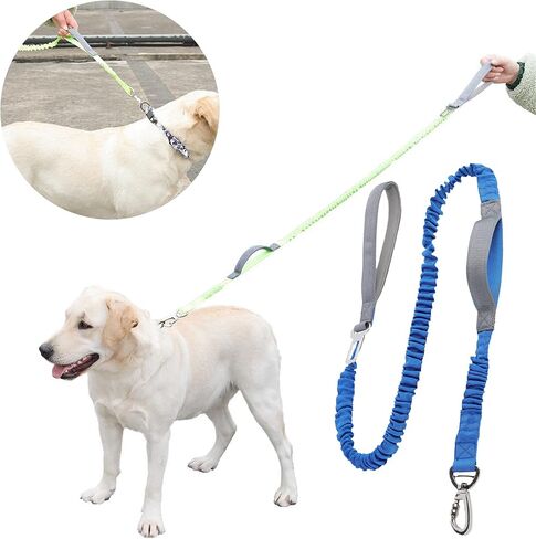 Dog Leash with Comfortable Padded Handle,Heavy Duty Dog Leash Bungee,No Pull Dog Leash for Shock Absorption for Small Medium Large Dogs - 2 Padded Handles,2 in 1 Dog Car Seatbelt (Green) in Saudi Arabia