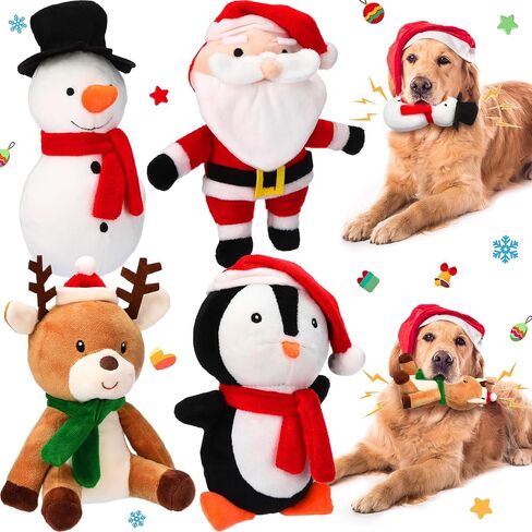 Liliful 4 Pieces Christmas Squeaky Dog Toys Bulk Xmas Stuffed Plush Dog Toys Santa Claus Snowman Elk Penguin Dog Interactive Teething Chew Toys for Christmas Small Medium Large Dogs Gift Toys in Saudi Arabia