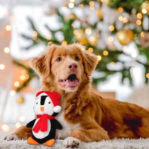 Liliful 4 Pieces Christmas Squeaky Dog Toys Bulk Xmas Stuffed Plush Dog Toys Santa Claus Snowman Elk Penguin Dog Interactive Teething Chew Toys for Christmas Small Medium Large Dogs Gift Toys in Saudi Arabia