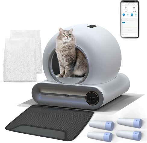 Self Cleaning Cat Litter Box, Automatic Cat Litter Box with Tofu Litter, Mat & Liners/APP Control, 65L+9L Large Capacity, Suitable for Multiple Cats in Saudi Arabia