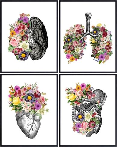 Original Flower Organs Wall Art Print Poster Set - Unique Steampunk Anatomy Home Decor for Dr Office - Gift for Doctor, Physician, Nurse, PA - 8x10 Unframed Photos - Heart, Lungs, Brain, Intestines in Saudi Arabia