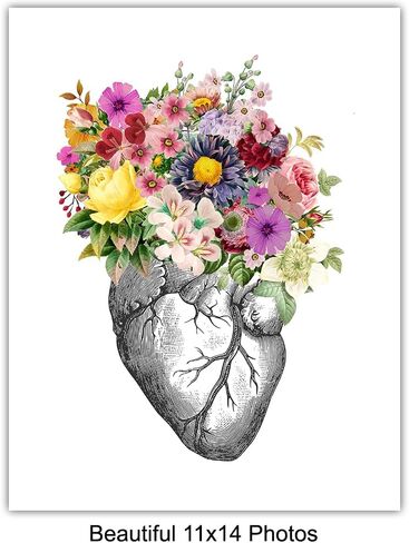 Original Flower Organs Wall Art Print Poster Set - Unique Steampunk Anatomy Home Decor for Dr Office - Gift for Doctor, Physician, Nurse, PA - 8x10 Unframed Photos - Heart, Lungs, Brain, Intestines in Saudi Arabia
