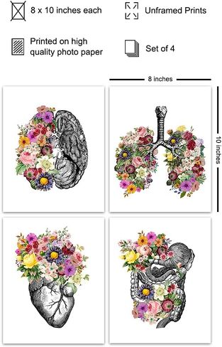 Original Flower Organs Wall Art Print Poster Set - Unique Steampunk Anatomy Home Decor for Dr Office - Gift for Doctor, Physician, Nurse, PA - 8x10 Unframed Photos - Heart, Lungs, Brain, Intestines in Saudi Arabia