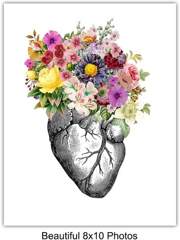 Original Flower Organs Wall Art Print Poster Set - Unique Steampunk Anatomy Home Decor for Dr Office - Gift for Doctor, Physician, Nurse, PA - 8x10 Unframed Photos - Heart, Lungs, Brain, Intestines in Saudi Arabia