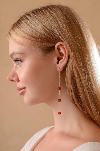 Dangle Amber Earrings - Gold Plated Sterling Silver Earrings for Women - Blue, Red, or Green Baroque Amber Colors - Dainty Drop Long Dangly Earring Jewelry (Red) in Saudi Arabia