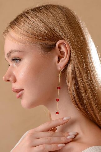 Dangle Amber Earrings - Gold Plated Sterling Silver Earrings for Women - Blue, Red, or Green Baroque Amber Colors - Dainty Drop Long Dangly Earring Jewelry (Red) in Saudi Arabia