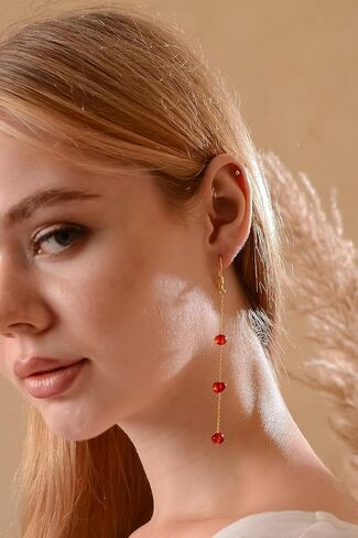 Dangle Amber Earrings - Gold Plated Sterling Silver Earrings for Women - Blue, Red, or Green Baroque Amber Colors - Dainty Drop Long Dangly Earring Jewelry (Red) in Saudi Arabia