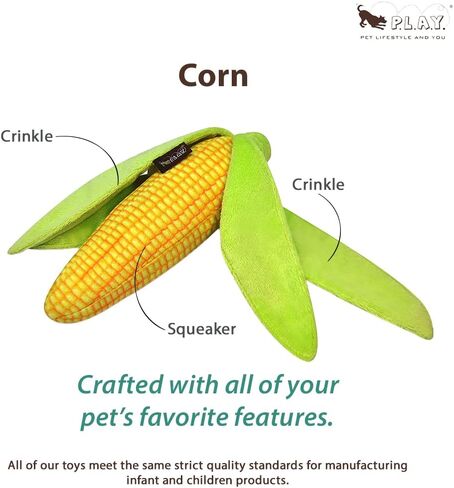 P.L.A.Y. Cute Plush Dog Toys - Vegetable Themed Durable Squeaker Crinkle Plush Chew Toy, Great for Puppies & Small, Medium, Large Dogs - Machine Washable, Recycled Materials (Farm Fresh Corn) in Kuwait