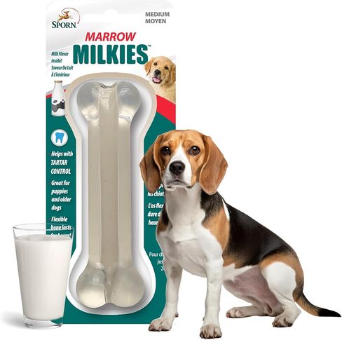 Sporn Marrow Milkies Chew Bones for Light Chewers, Milk Flavor Dog Chew Toys for Medium Dogs, Made with Soft Thermoplastic Rubber Dog Dental Chew Toy, Gluten-Free & Non-Toxic, Medium in Kuwait